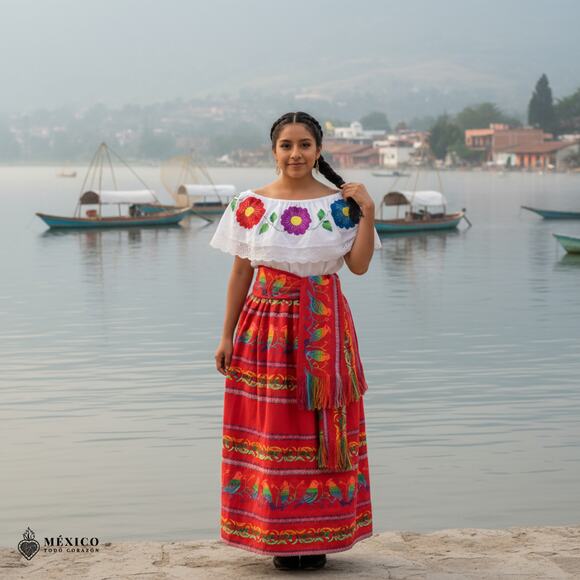 Traditional Mexican Floral Cambaya Dress Set – Handmade Two-Piece Skirt & Blouse - Picture 2 of 7